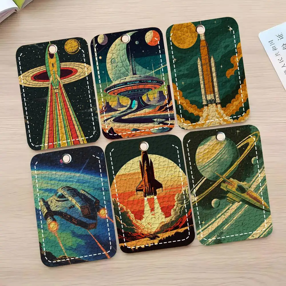 Retro Space Technology Spaceship Card Case Keychain Access Card Bag Key Tag Ring Leather Card Holder Key Ring Access