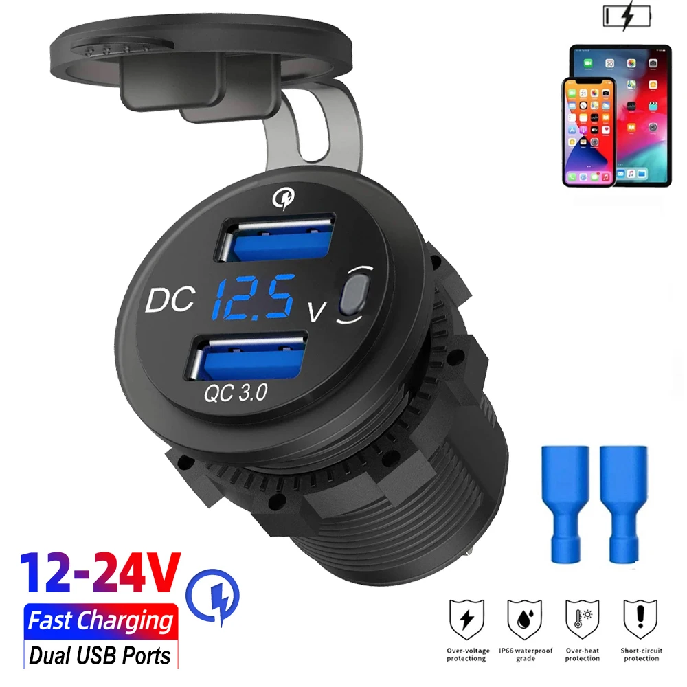 

USB Car Charger Socket QC3.0 36W Port Fast Charging Power Outlet with Voltmeter for 12V/24V Caravan Yacht Motorcycle