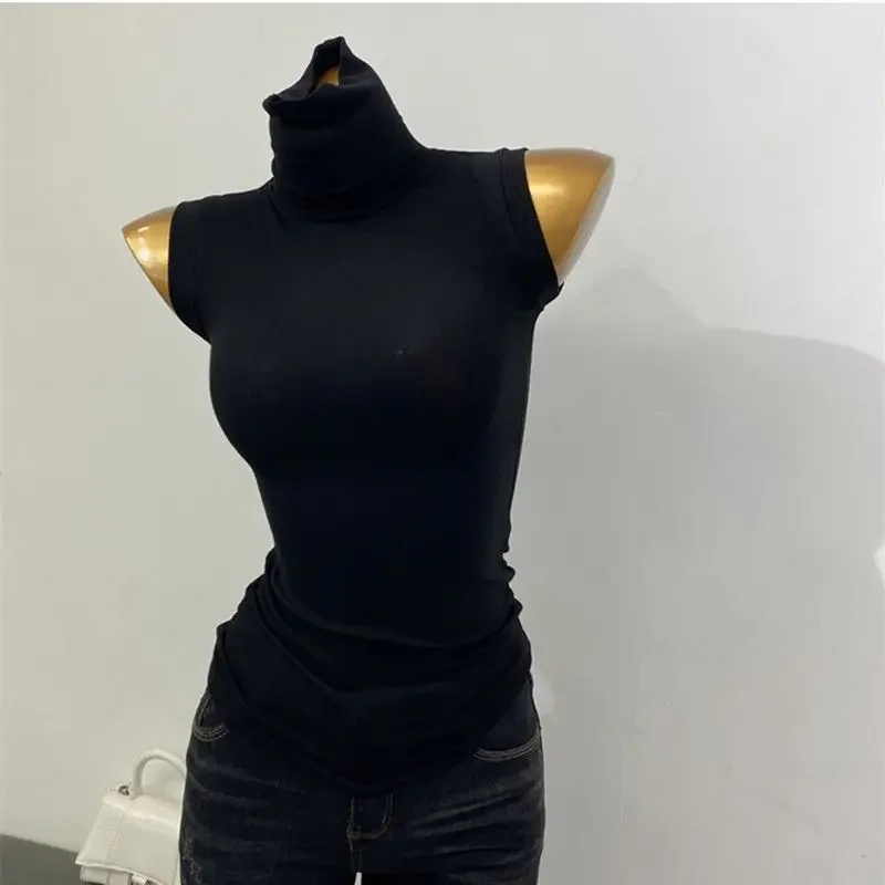 Damen Tanktop mit hohem Kragen, ärmellos, figurbetont, dehnbar, durchscheinend, atmungsaktiv, leicht, Coquette Y2K, lässig, Party, Layering, Basisschicht – Detail 3
