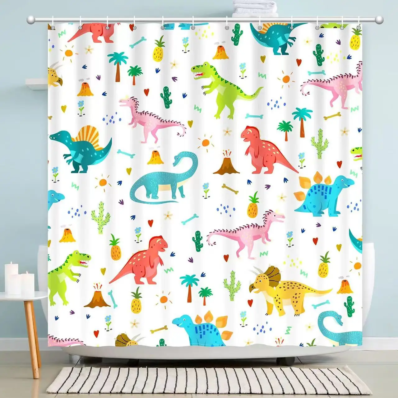 Funny Dinosaur Shower Curtains Dino Shower Curtain For Kids Boy Raptor Silhouette Black White Cartoon Animal Home Bathroom Decor