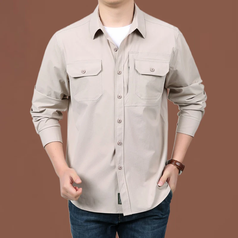 Plain Shirt New Spring Autumn Men\'s Cargo Hiking Sleeve Casual Fishing Shirts Quick-dry  Tactical Shirts Men\'s Casual Blouse