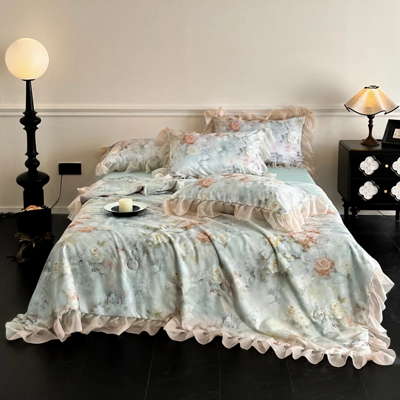 Viscose Filament Quilt set, Bed Sheet Pillowcases Comfortable Modern Home for Summer, Flowers printed Blanket with Lace Edge