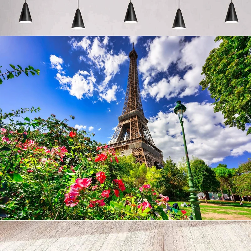 Paris Eiffel Tower Photography Backdrop Eiffel Tower Blooming Flowers Floral Background Wall Banner Poster Party Decor