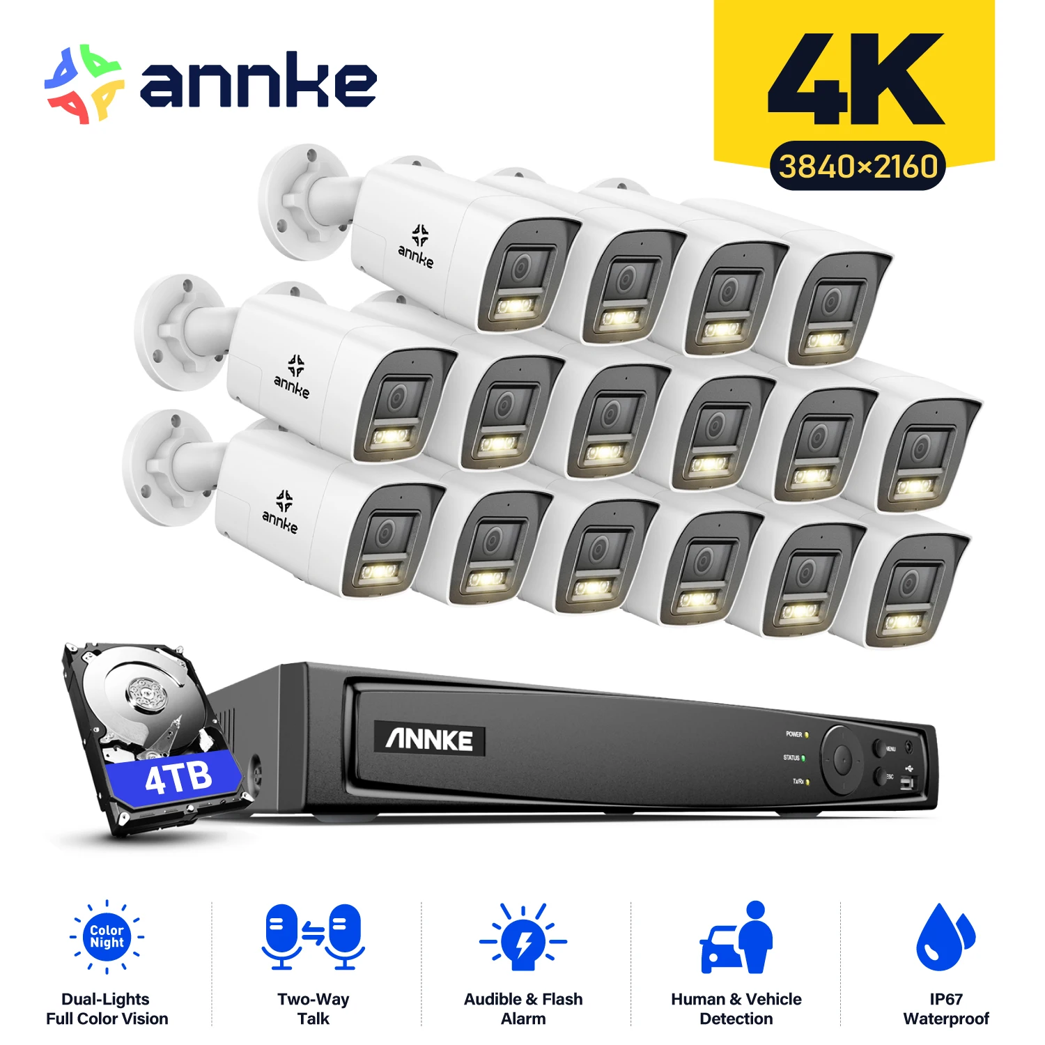 ANNKE 8CH 4K Ultra HD POE Sieciowy system bezpieczeństwa wideo 8MP H.265+ Kamera IP Obsługa dwukierunkowego dźwięku wykrywania ludzi i pojazdów 4MM