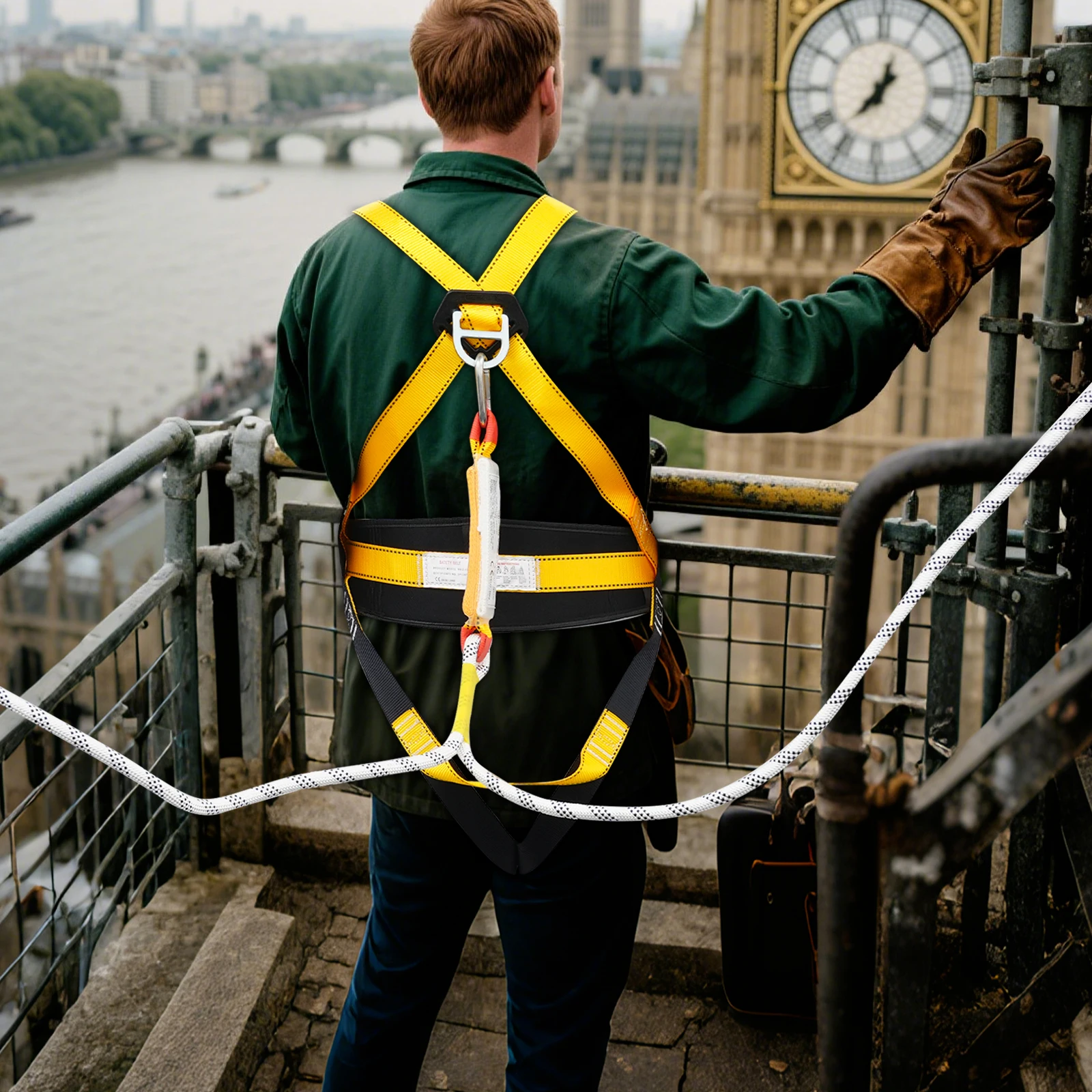 حزام أمان للحماية من السقوط لكامل الجسم، حزام أمان 5 نقاط مع حبل، نظام إيقاف السقوط بسعة 4850 رطلًا للبناء