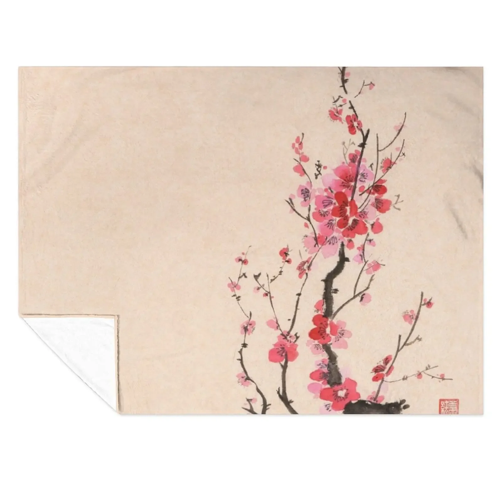 

Japanese sumi-e ink painting of an iconic plum blossom branch with red flowers on beige background art print Throw Blanket