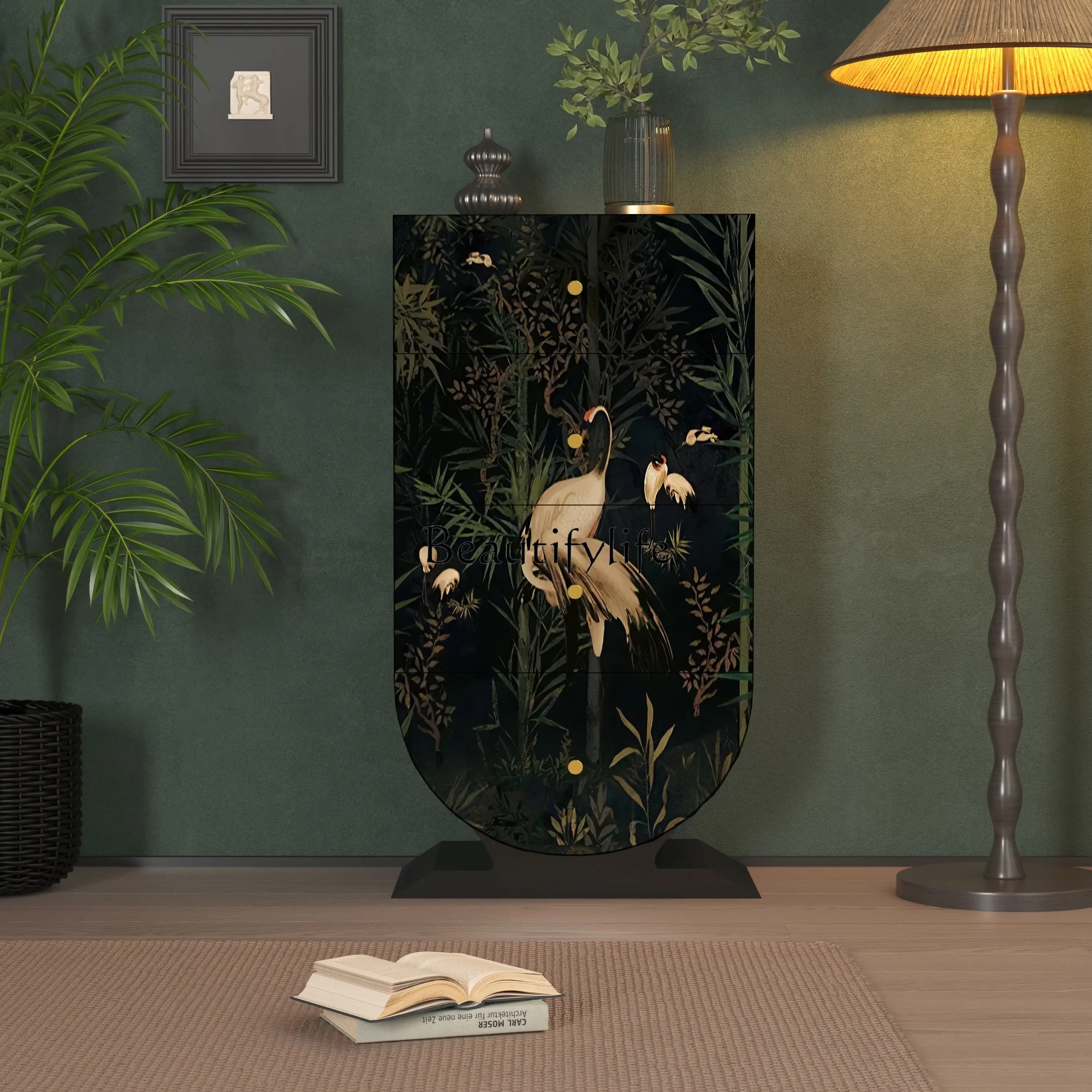06Painted solid wood four-chest cabinet, living room, home homestay, integrated storage cabinet against the wall