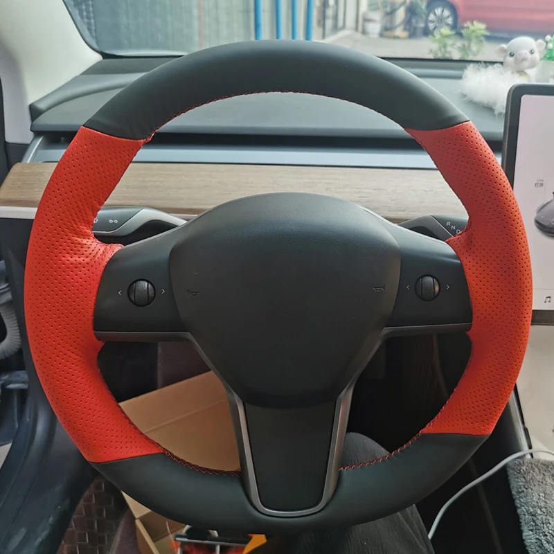 

Custom Nappa Genuine Leather Auto Braid On The Steering Wheel Cover for Tesla Model 3 Y Car Braiding Wheel Covers Accessories