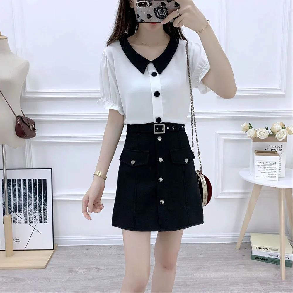 Suit Spring And Autumn New Temperament Fashion Long Sleeve Color Matching Chiffon Shirt High Waist A-shaped Skirt Two-piece Suit