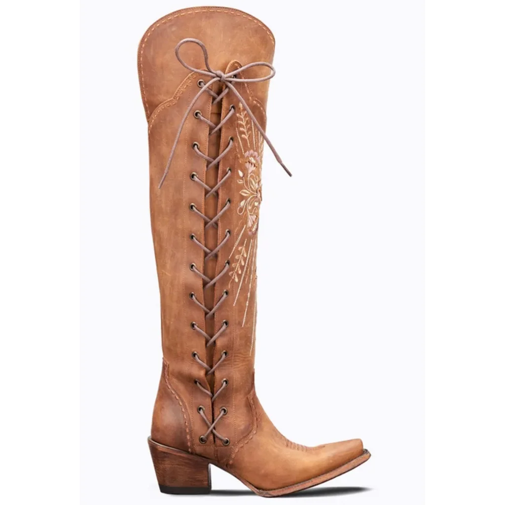 Size 46 Retro Women Embroidery Western Cowboy Boots Fashion Lace-up Chunky Heels Zip Pointed Toe Knee Riding Boots