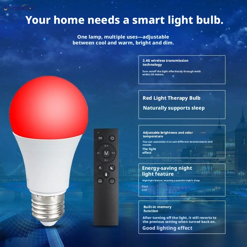 SHINEKNOT LED Sleep Light 670nm Red Light Therapy Bulb Remote-Controlled Stepless Dimming 9W Globe Bulb E27 Aids Sleep