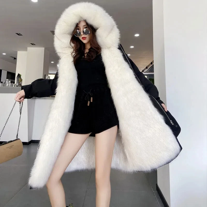 Parkas Winter Female Clothing Outerwear 2022 New Hooded Imitation Fox Fur Inner Jacket Women Fashion All-match Faux Fur Coat