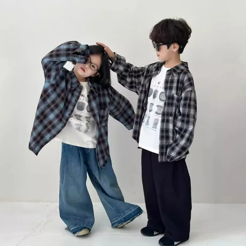 2024 Autumn sibling clothes Korean style Boys and girls Flocking plaid shirts Children\'s casual all-match loose long sleeve Tops