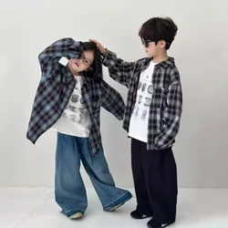 2024 Autumn sibling clothes Korean style Boys and girls Flocking plaid shirts Children's casual all-match loose long sleeve Tops