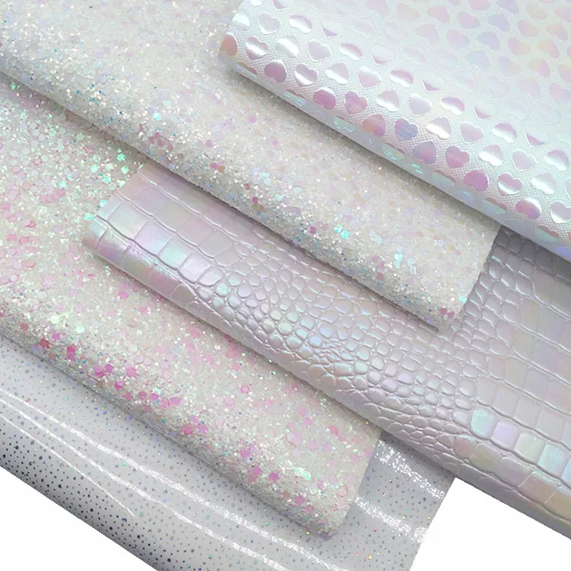 White Glitter Leather Sheest with Hearts Hearts Crocodile Embossed Faux Leather Iridescent Leather Vinyl For DIY 21x29CM Y404