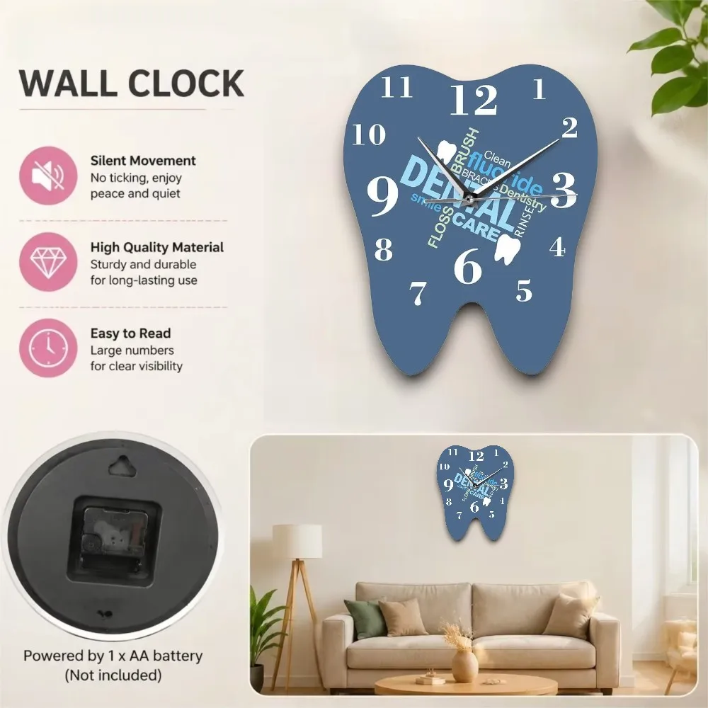 Creative Tooth Shape Silent Wall Clock, Funny Dental Office Decor, Unique Quartz Watch for Living Room Bedroom, Gift for Dentist
