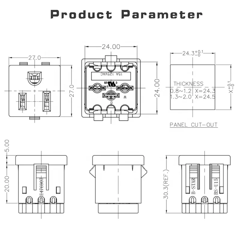 IEC 15A 125V AC power American US estándar socket 3 PIN plug PDU socket conector