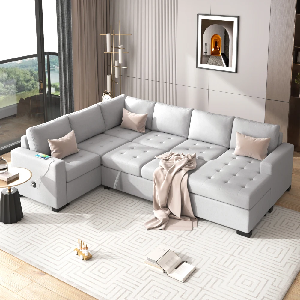 Convertible Sofa Bed l Shaped Sectional Couch With Footstool USB And Type-C Interfaces Modern Upholstered Couch For Living Room