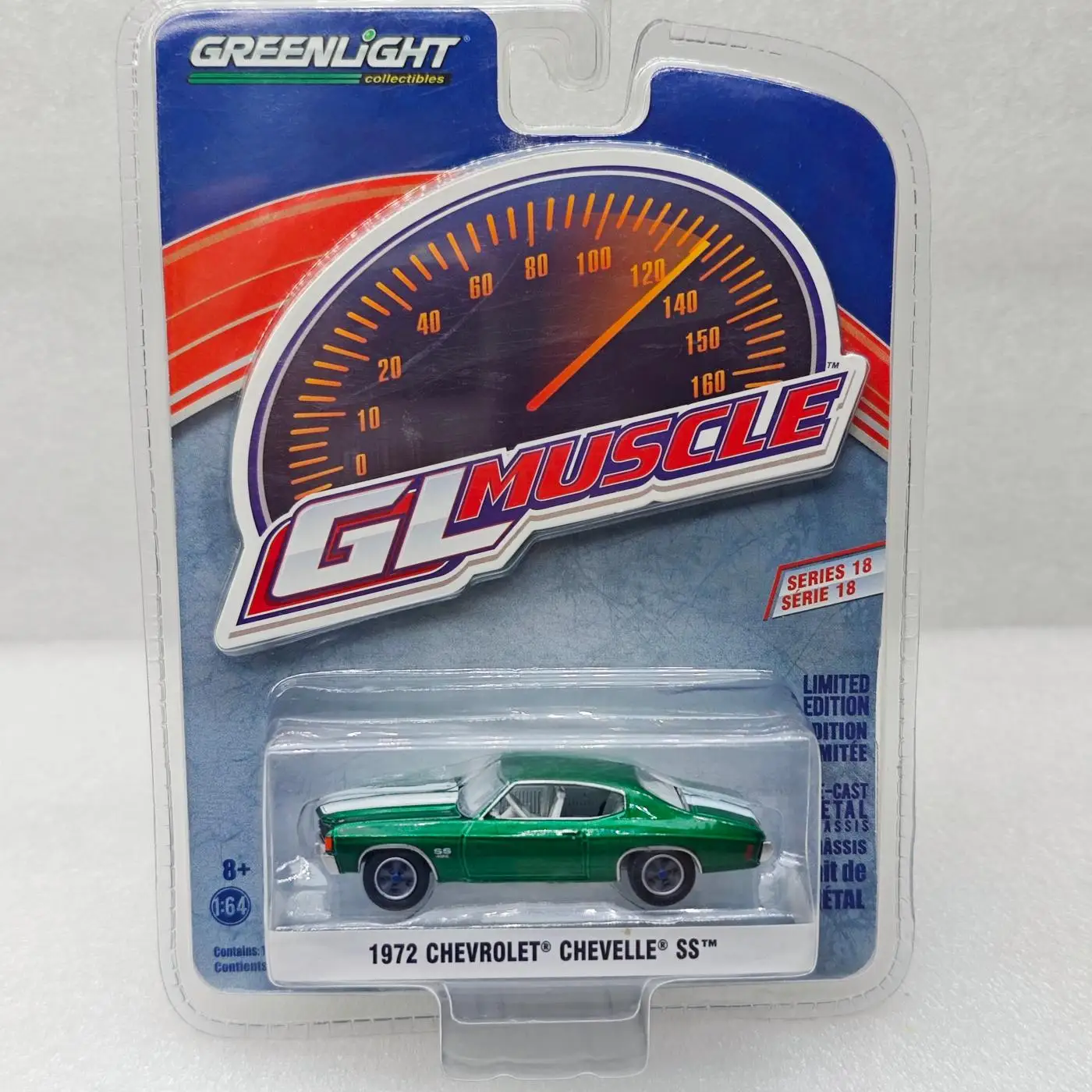 

Green Light 1:64 Серия Green Light Muscle 18 - Коллекционная модель автомобиля Chevelle SS 1972 года из литого сплава, зеленого цвета
