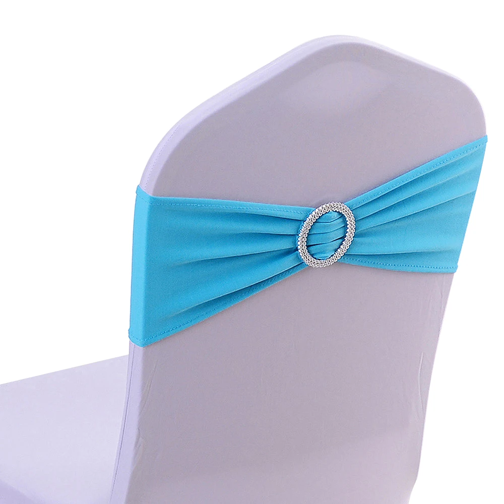 

Wholesales/Retail 50 Pieces Sky Blue Chair Elastic Spandex Chair Bands With Round Plastic Buckle Wedding Decoration CB-50-AQ