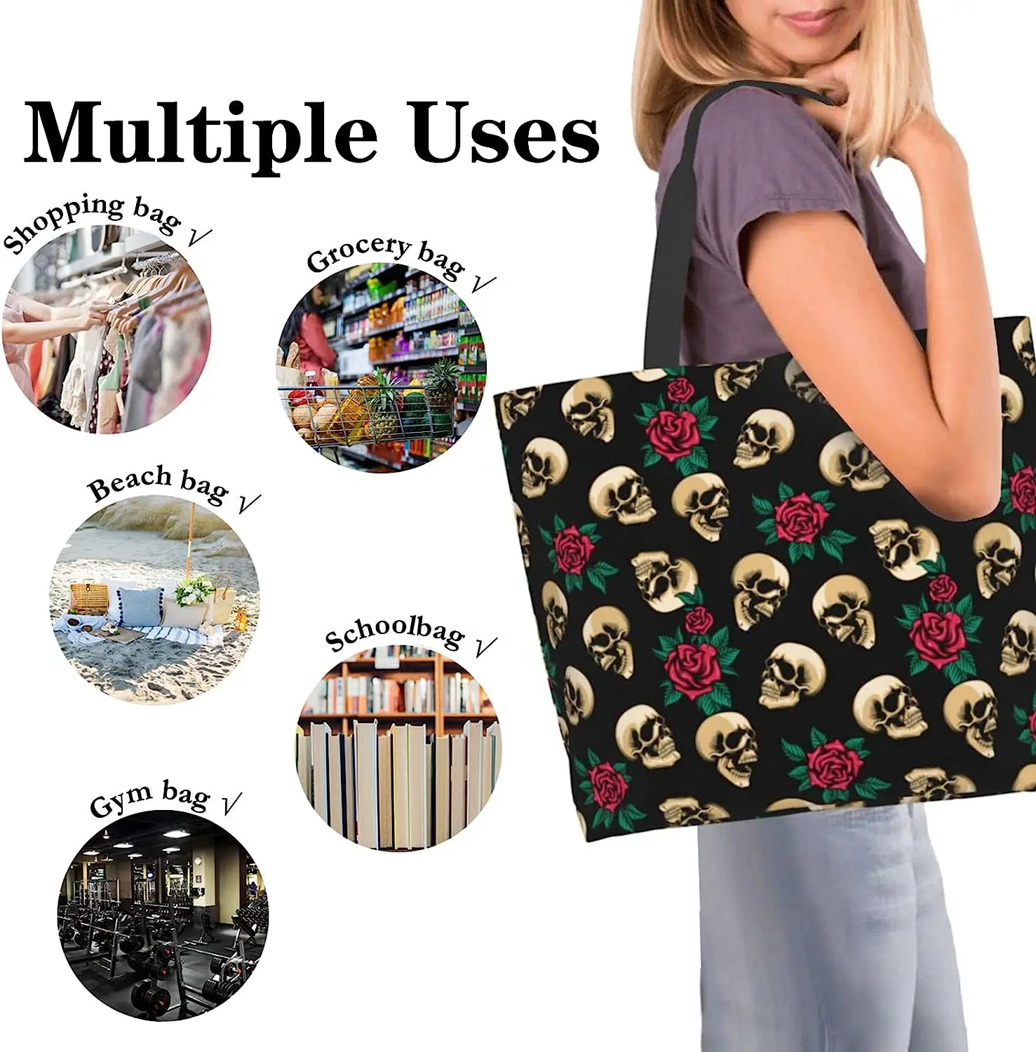 Rose Flower Skull Tote Bag Large Women Casual Shoulder Bag Handbag Reusable Shopping Grocery Bag Beach Bag For Women Girls