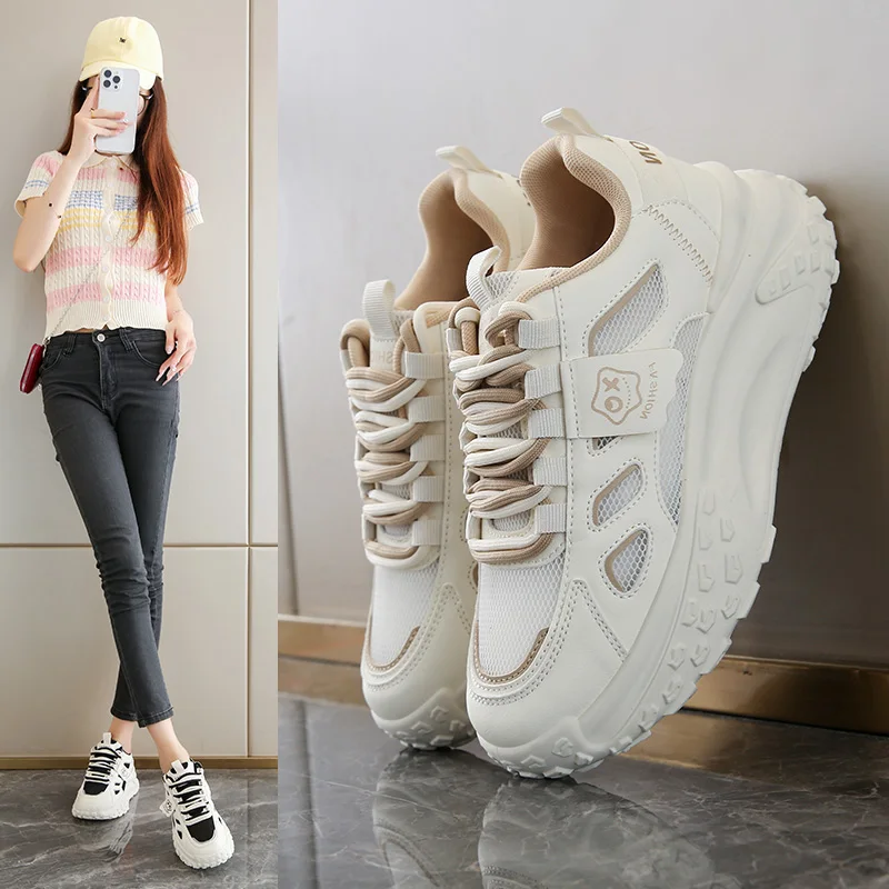 

2025 New Women's Lace Up Chunky Platform Sneakers 6CM Heel Trendy Comfortable Slip Resistant Outsole Casual Shoes