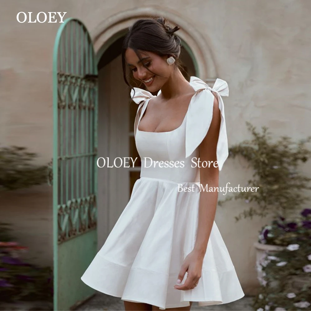 OLOEY Elegant Ivory Satin Mini Wedding Dress Square Collar A Line Short Bridal Gown Customized Sleeveless Zipper Party Gown