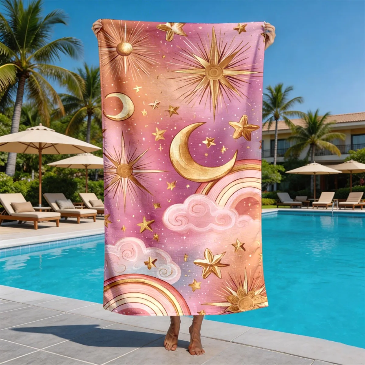 

1pcs Dreamy Star, Moon and Rainbow polyester microfiber beach towel is highly absorbent, suitable for swimming and beach outings