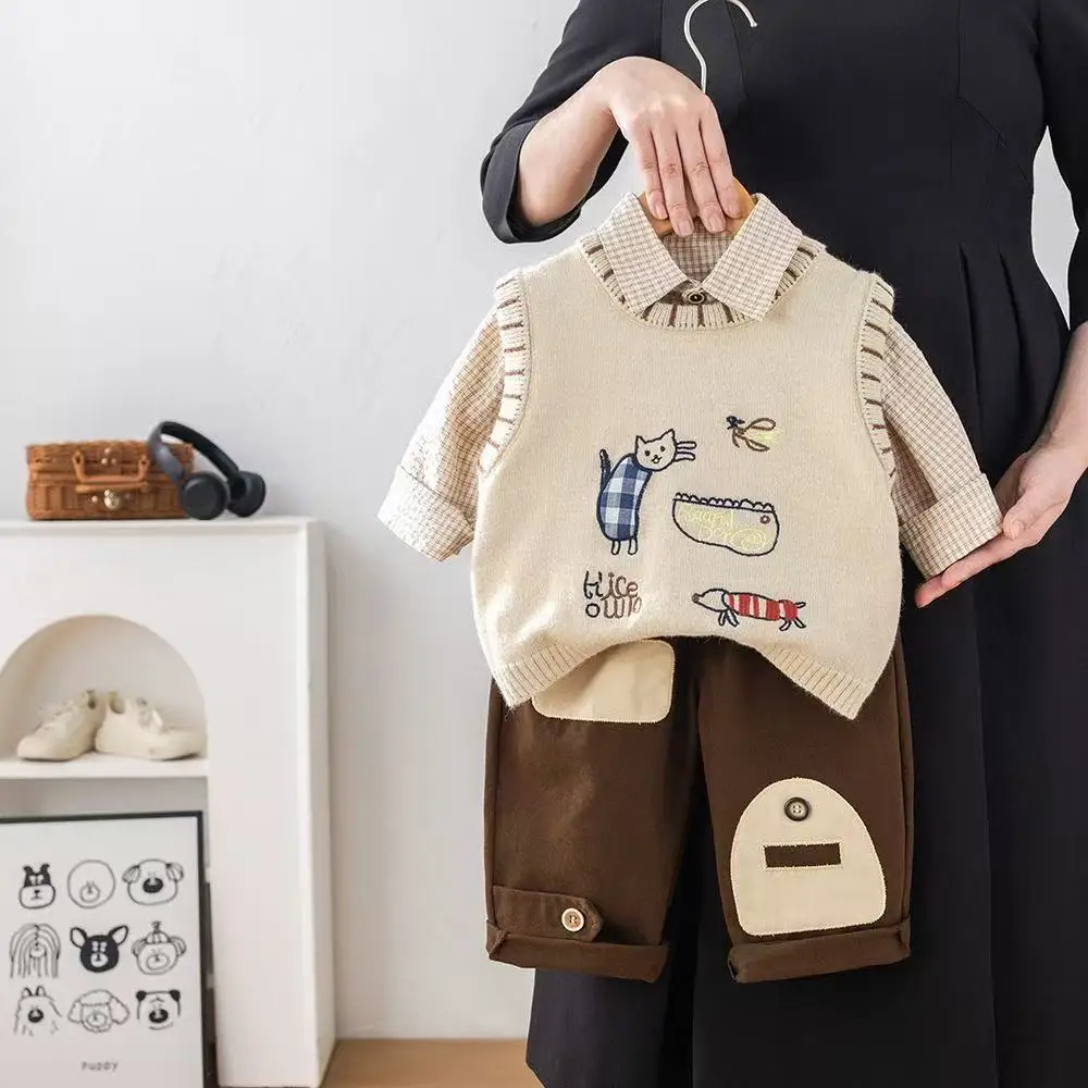 

Boys' Clothing Set Spring and Autumn New Children's Korean Version Sweater Vest+Shirt+Pants Three Piece Set