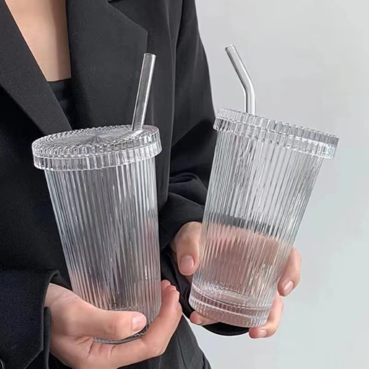 380ml Simple Stripe Glass Cup With Lid And Straw Transparent Tea Cup Juice Glass Beer Can Milk Mocha Cups Breakfast Coffee Mug