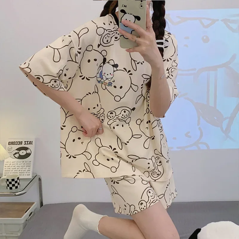 Sanrio olá kitty verão pijamas femininos manga curta shorts conjunto novo kuromi canela pijamas dos desenhos animados bonito fino casa roupas