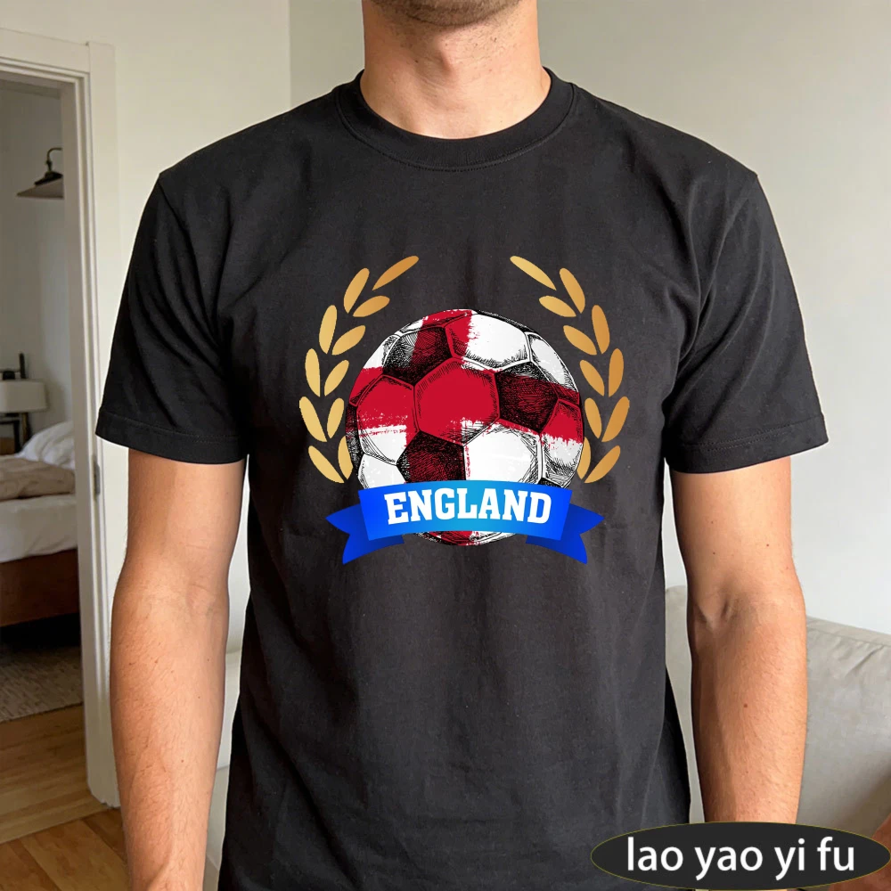 England Football Printed Tee Soccer Ball Lover T-Shirt Soccer Part Supplies Short Sleeve Sports Fans Men Unisex Casual Cotton T