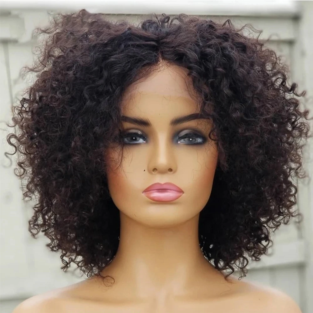 MXWIGS-Peruca dianteira do laço sintético encaracolado Kinky para mulheres, cabelo macio do bebê sem cola, cosplay diário pré-arrancado, preto, densidade de 180%