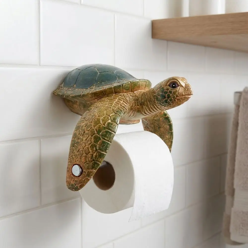 Resin Sea Turtle Toilet Paper Holder Cute Coastal Style Wall Mount Tissue Rack Marine Animal Realistic Bathroom Tissue Holder