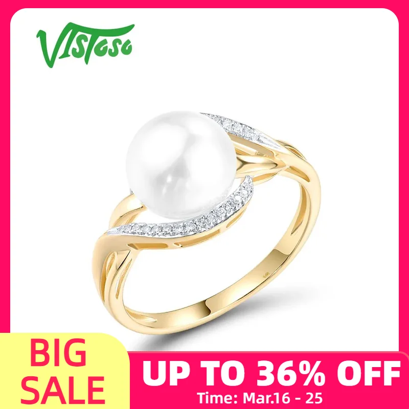 

VISTOSO Genuine 14K 585 Yellow Gold Ring For Women Sparkling Diamonds Fresh Water Pearl Delicate Party Fashion Fine Jewelry