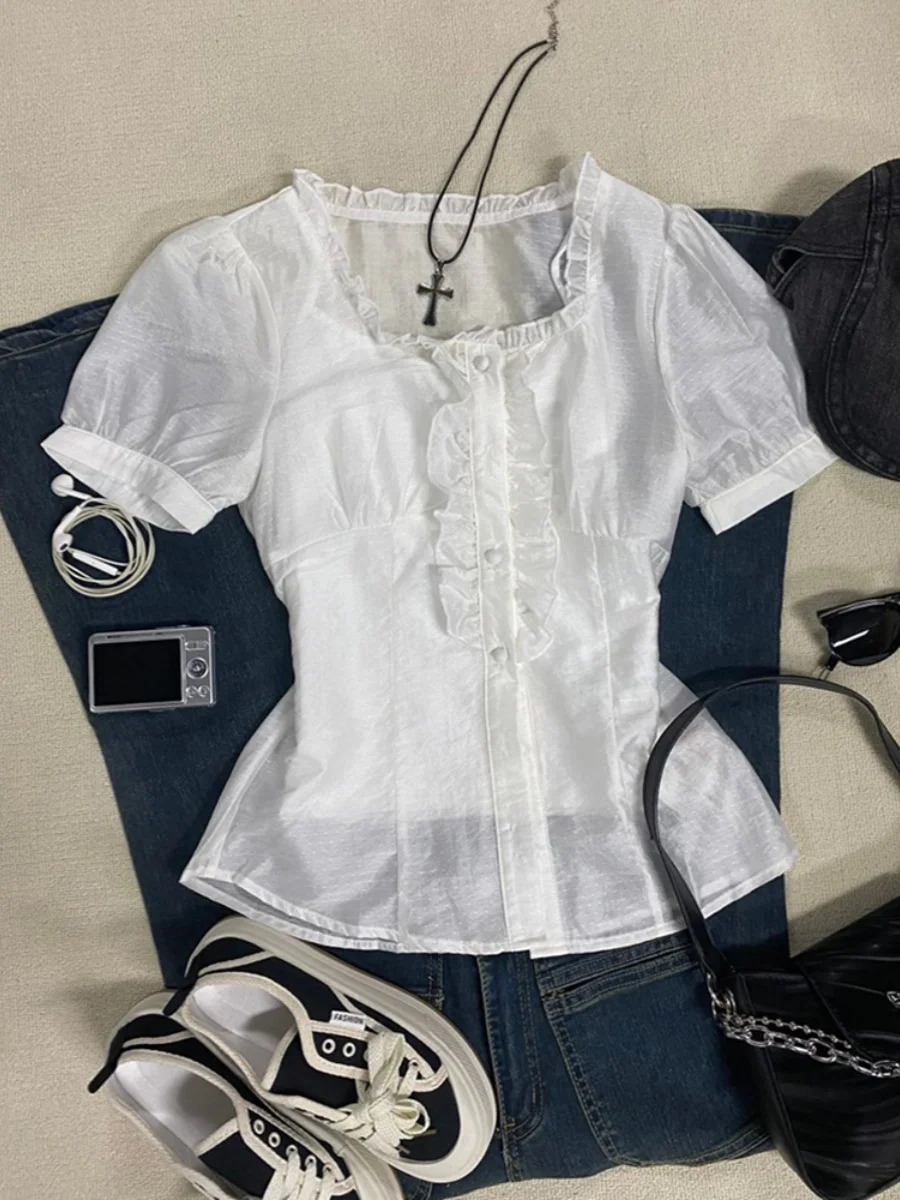 

BaoYao Girl Original White Wood ain Ruffle с квадратным воротником ort Sve irt Женский летний дизайн Sensation Small irt