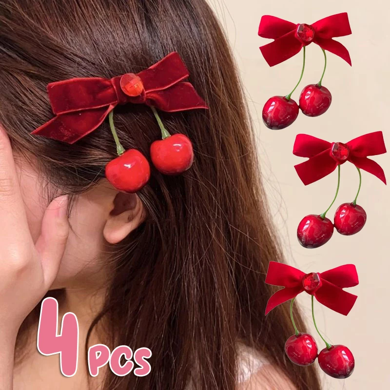 1/4PCs Red Bow Ribbon Hair Clip for Women Korean Sweet Cute Cherry Hairpin Girls Fashion Headdress Hair Accessories New Year