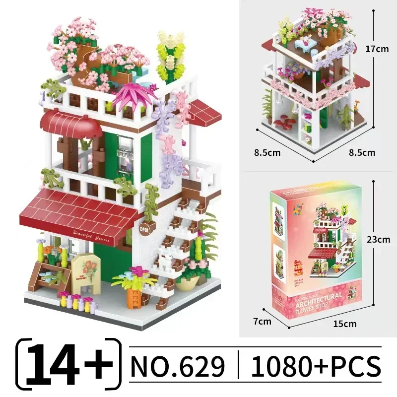 Loz-Folding Building Blocks Toy, DIY Coffee Shop, Leji Ideal Flower House, Street View, Building Block Puzzle, Assembly Toy, Decoração