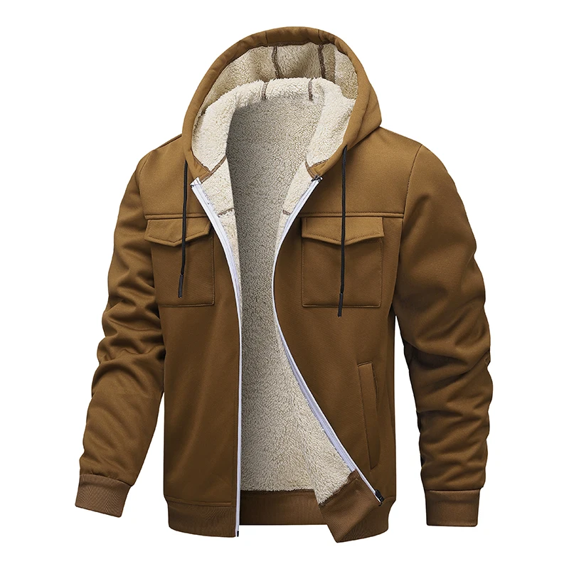 Mens Solid Color Lapel Fleece Cargo Jacket Autumn Winter New Fashion Thick Thermal Lambswool Zip Up Hoodie Jackets Men Coats