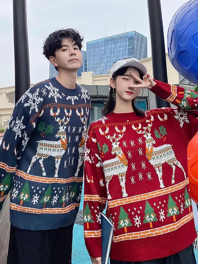 

Cisas Couple Sweaters Loose Knitted Long Sve round Ne Cartoon Print Casual Faion Korean Sle Men's Women's Ins Line