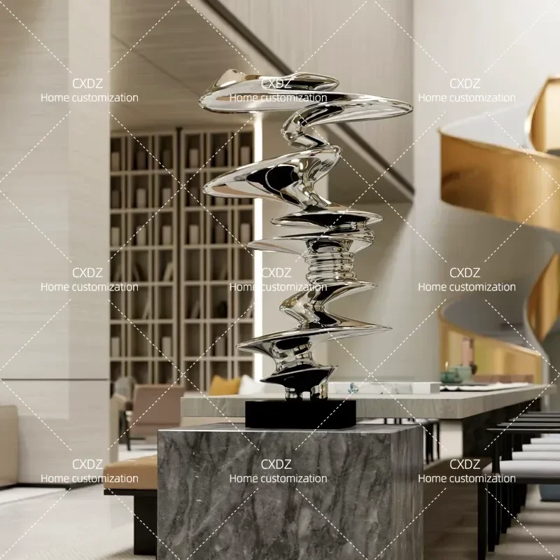 Electroplated Silver Geometric Abstract Sculpture FRP Artwork Large Floor Standing Ornament for Hotel Lobby Sales Center