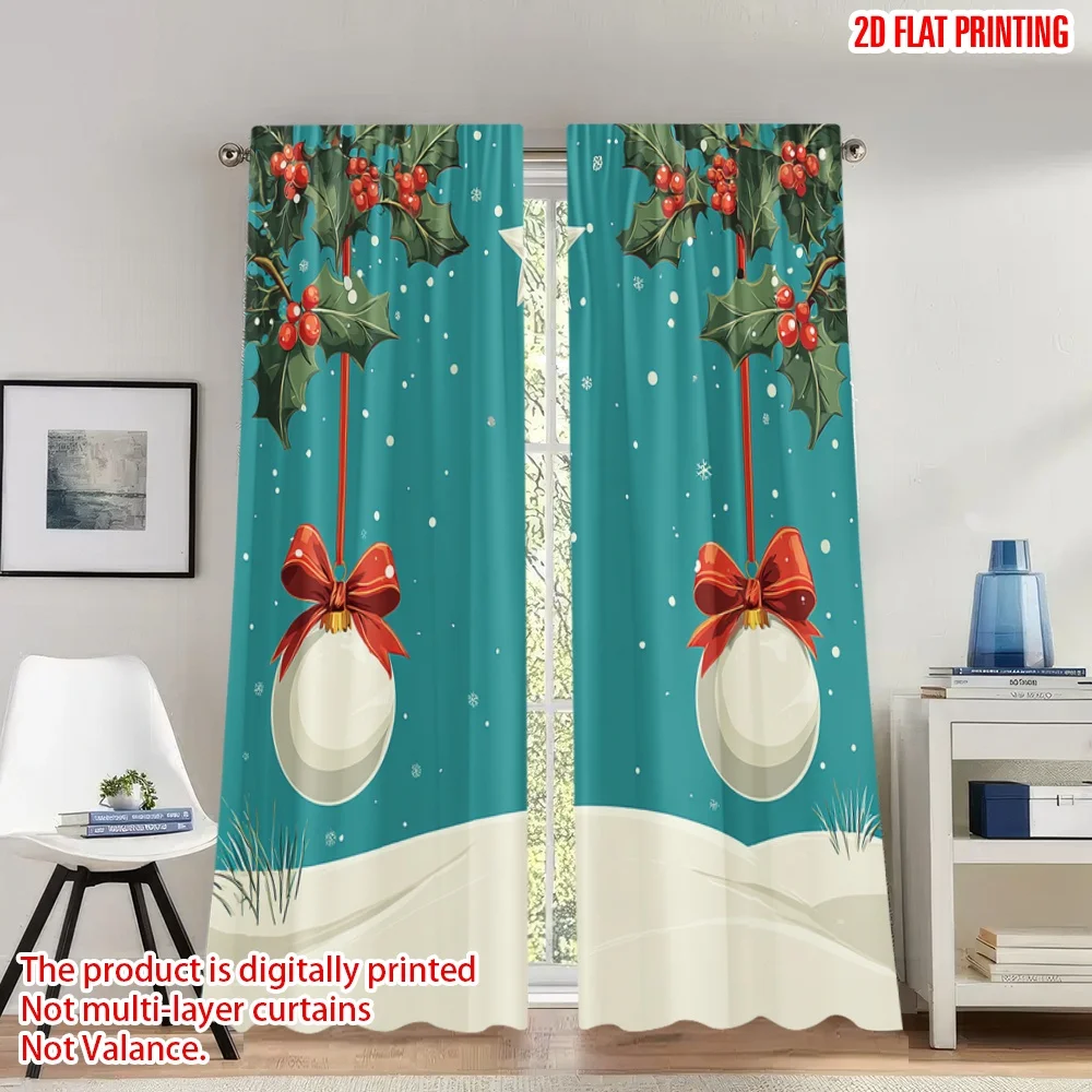 

2pcs 2D flat printing Fashionable Christmas curtains Christmas Holiday Star Bow Ornaments Digital Printed Polyester Drapes