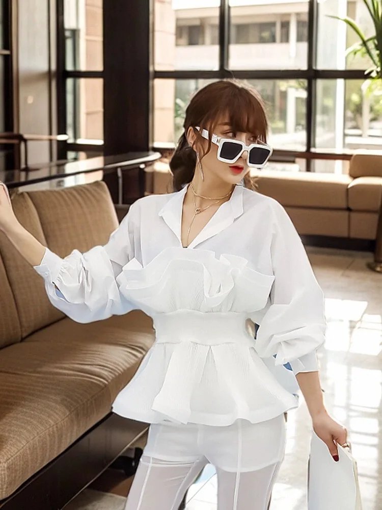 Slim Waist Ruffles Flounce Shirts Lady V Neck Pleated Stitching Trendy Blouse Charm Tops Party Date Dinner Banquet Wedding Tops