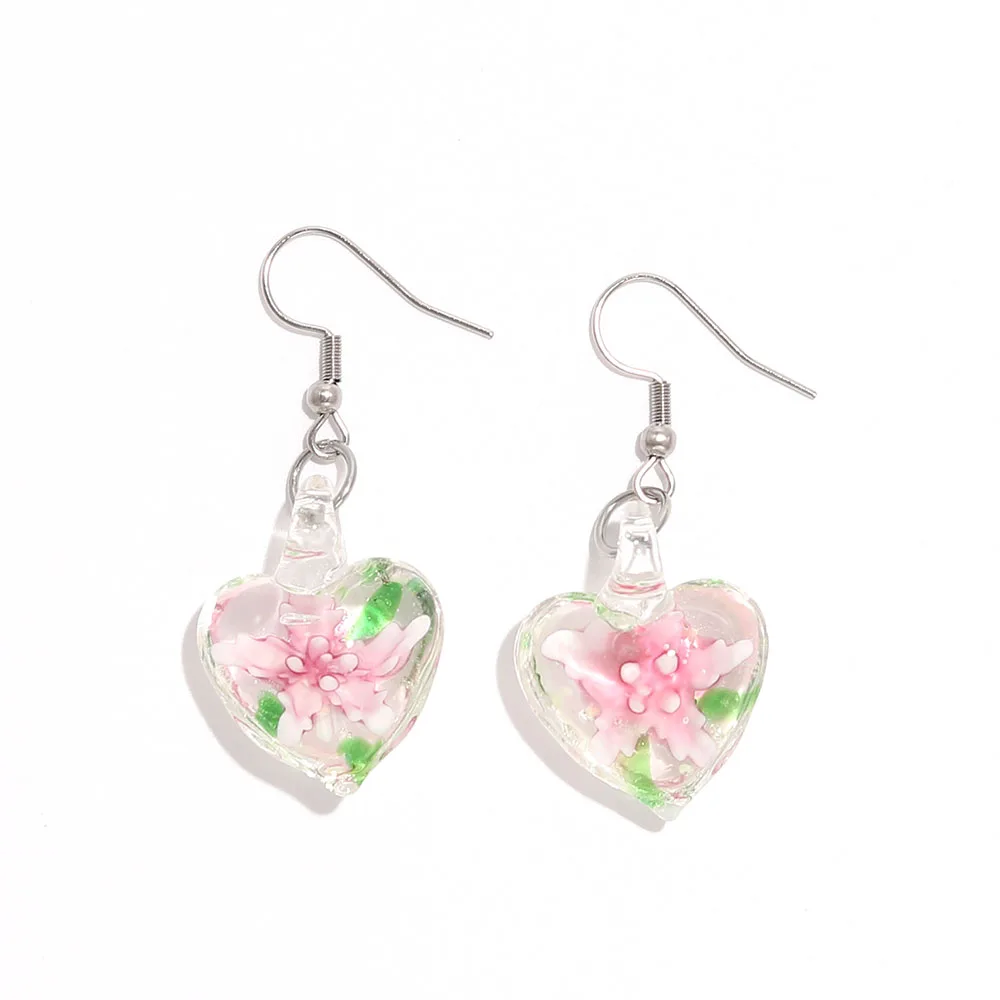 Qianbei Womens 2025 Handmade Noctilucent Heart Murano Lampwork Glass Mix Color Women Flower Glass Earrings Summer Vocation gift