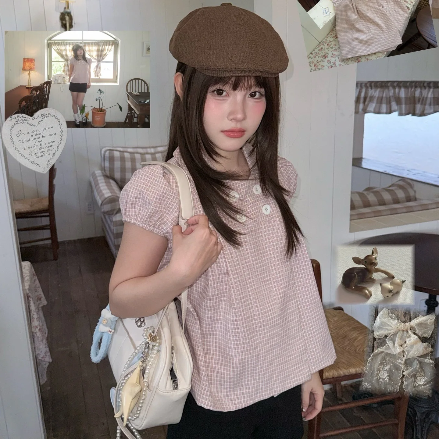 Sweet Bubble Short sleeved Collar Double breasted Short Shirt Women's Y2K Grid Loose Korean Street Style Top