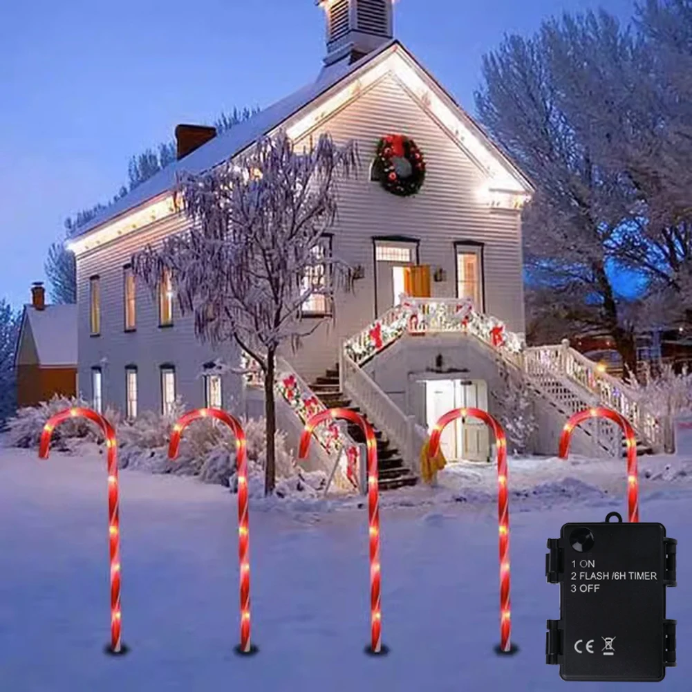 5 قطع/مجموعة أضواء قصب حلوى عيد الميلاد مع وظيفة توقيت 6 ساعات تعمل بالبطارية (الشحن بدون بطارية متضمنة)
