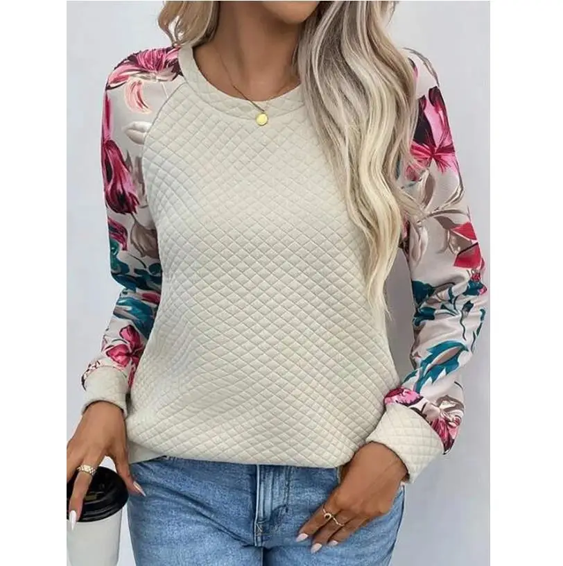 

O-neck Loose Pullover Retro Women's Street Wear 2023 Hot Spot Waffle Loose Panel Long Sleeve Panel Plaid Print Pullover