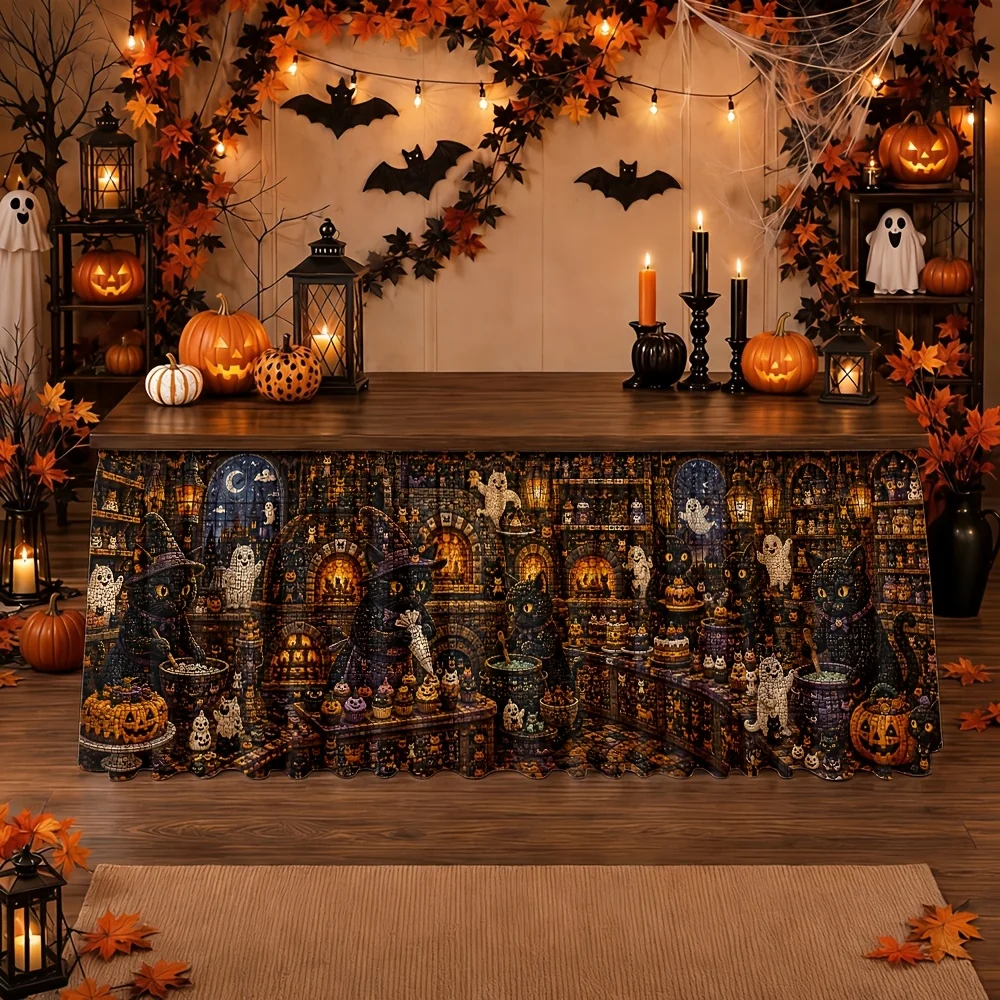 Table skirt / tableskirt Halloween theme Magic study room Ghostly pumpkins Candlelit night scene Autumnzyc