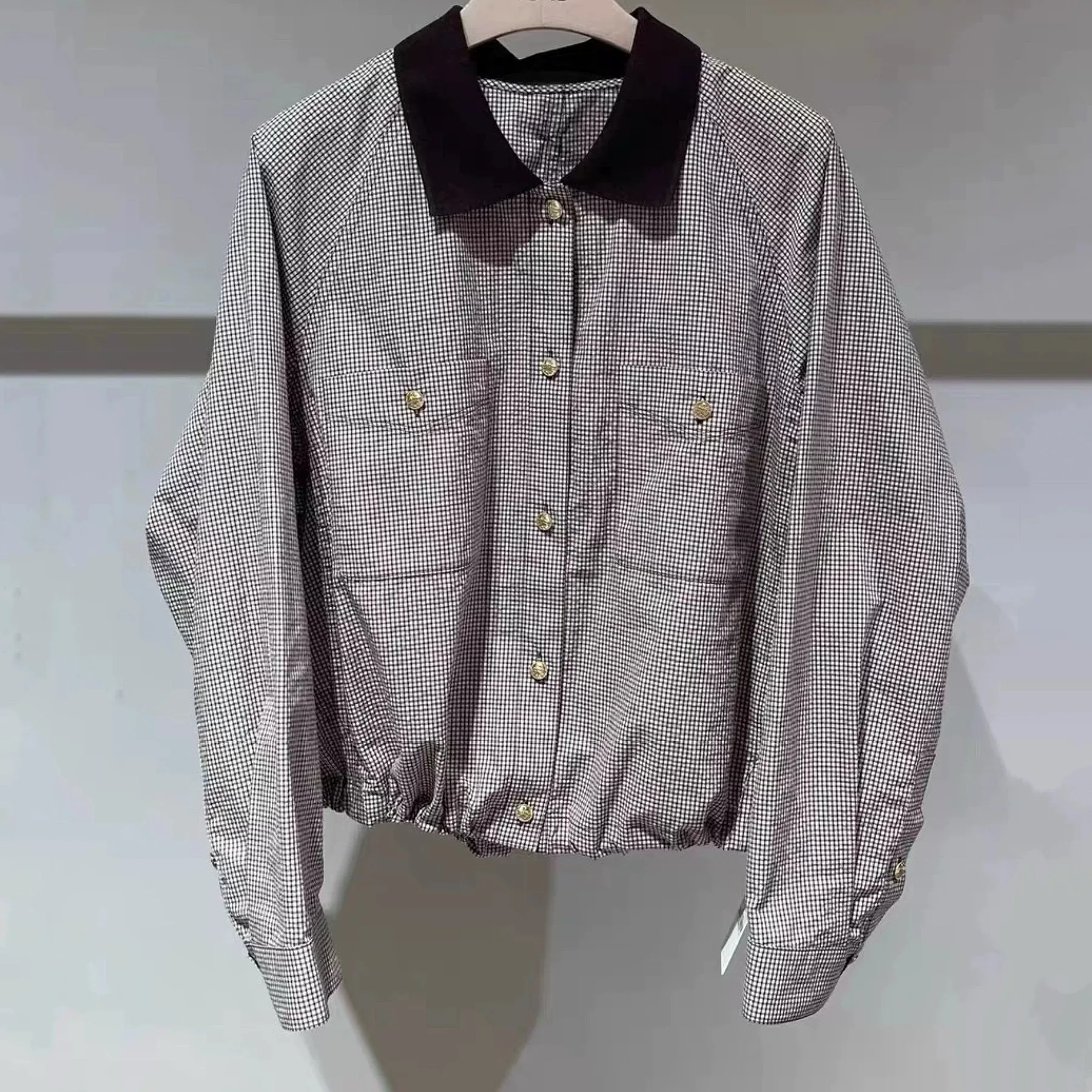 جاكيت جلدي SJ25 للخريف، معطف كاجوال بياقة، تصميم مرقع بنمط مربعات، أسلوب ملابس العمل، معطف متعدد الاستخدامات للسيدات، نمط الت...