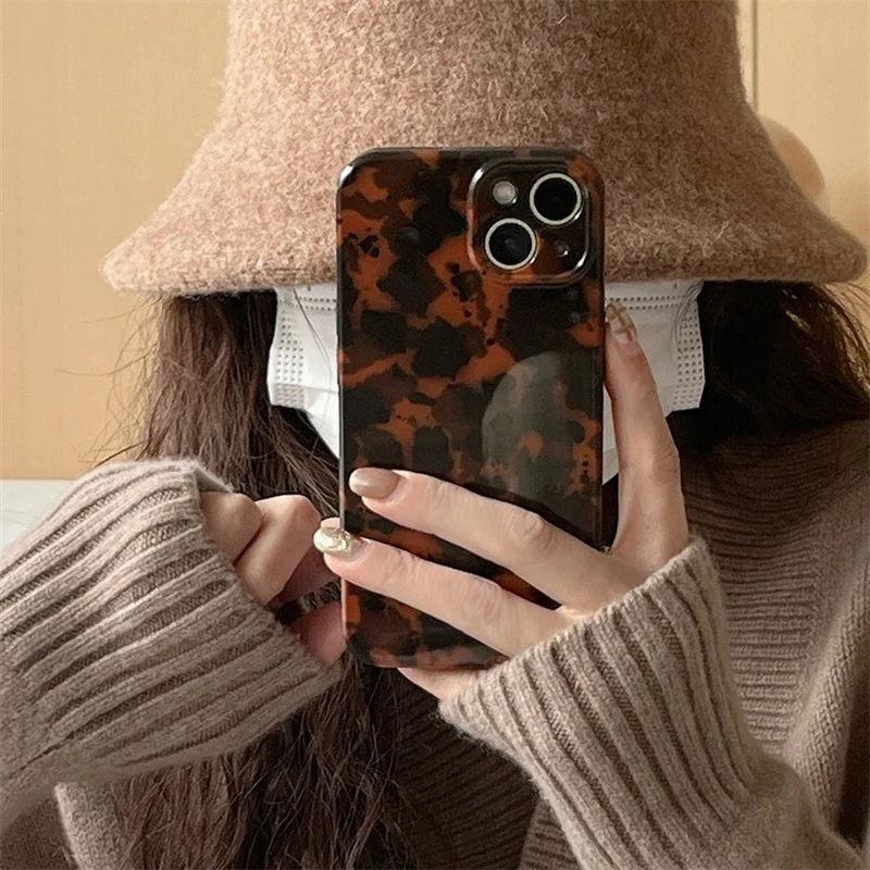 Retro Tortoiseshell print silicone case for iphone 16 17 16pro 15 14 17pro 13 pro max 12 11 protective cover Iphone 14 fundas